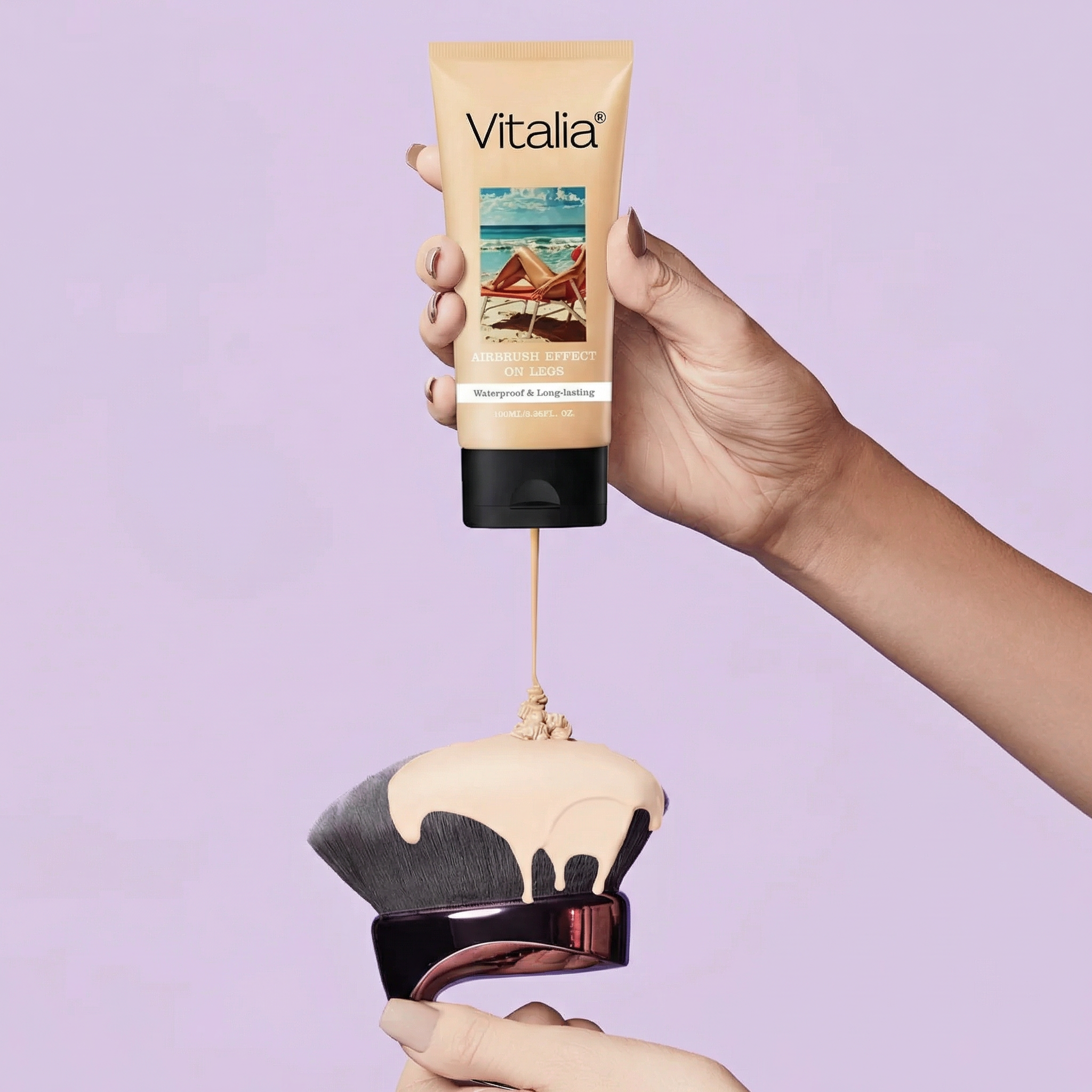 Hand applying cream from a Vitalia tube onto a makeup brush against a purple background